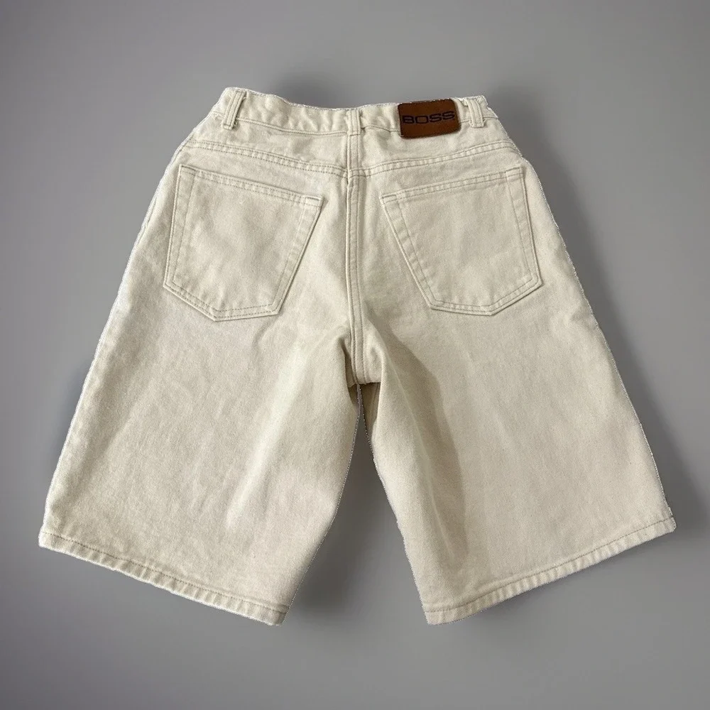 Vintage Boss Mens‎ Beige Denim Jean Shorts Embroidered Logo Size 30